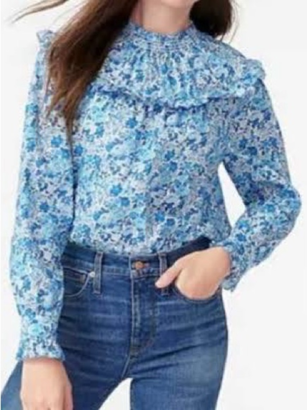 J. Crew Liberty Fabrics Elysian Day Floral Smocked Popover Blouse Blue Cotton S
